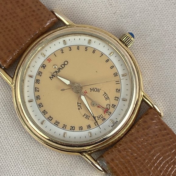 Vintage Movado Gold Dot Watch 1970\'s 5 Hands 8 inch New Tan Leather Strap main image 9